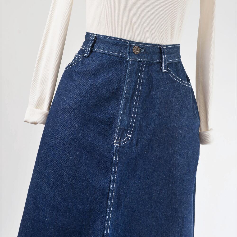 Vintage 80s Dark Wash Denim Pencil Skirt with Embroidered Pockets size M - Picture 4 of 6